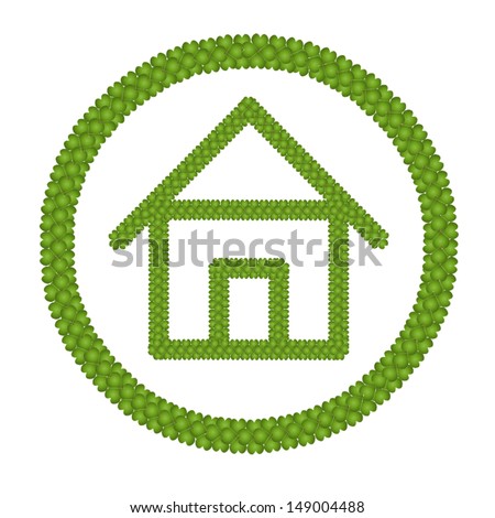 Ecology Concept, Fresh Green Four Leaf Clover Forming House Icon in Circle Frame Isolated on White Background 