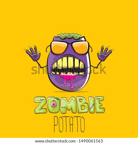vector funny cartoon cute violet zombie potato character isolated on orange background. My name is zombie potato vector concept halloween background or label. dead monster vegetable funky character
