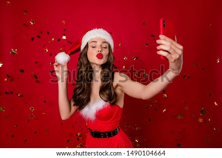 Portrait of her she nice-looking attractive lovely sweet flirty glamorous gorgeous cheerful wavy-haired lady taking making selfie sending kiss isolated over bright vivid shine red background