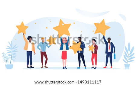 People are holding stars over the heads. Feedback consumer or customer review evaluation, satisfaction level and critic icon concept. Vector illustration Royalty-Free Stock Photo #1490111117