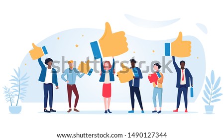 Customer review rating. People give review rating and feedback. Flat vector illustration. Customer choice. Know your client concept. Rank rating stars feedback. Business satisfaction support Royalty-Free Stock Photo #1490127344