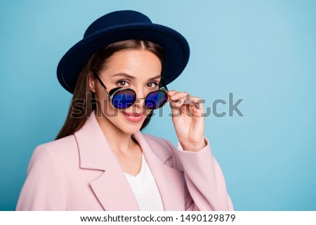 Close up photo of charming pretty lady touch her specs want be good-looking true businesswoman wear pink coat isolated over blue color background