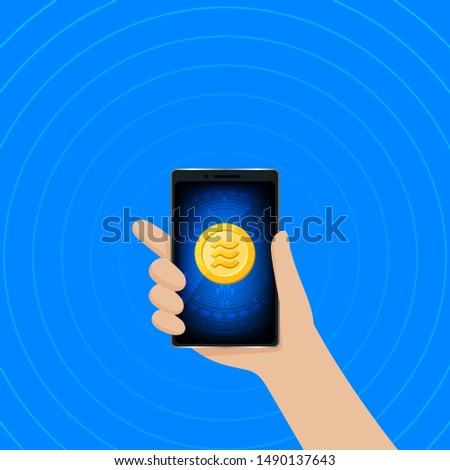 Hand holding a smartphone and Realistic Currency Digital Coin on screen