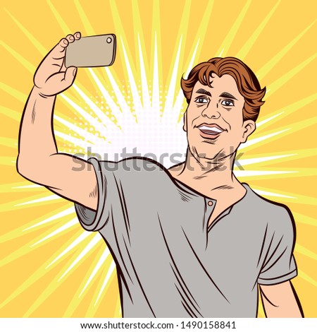 Men are taking selfies on smartphones. photos in social networks media. Pop Art Vector Illustration.