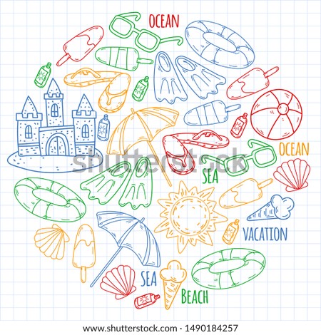 Beach theme doodle set. Various seaside sport activities and relaxation.