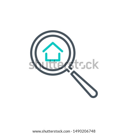 realtor house with magnifier glass outline flat icon. Property For Sale Single quality outline logo search symbol for web design mobile app. Thin line design logo. Loupe lens icon isolated on white