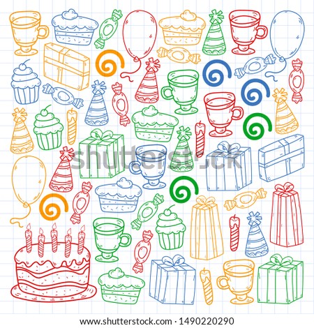 big set of hand drawn doodle cartoon objects and symbols on the birthday party. design holiday greeting card and invitation of wedding, Happy mother day, birthday, Valentine day and holidays