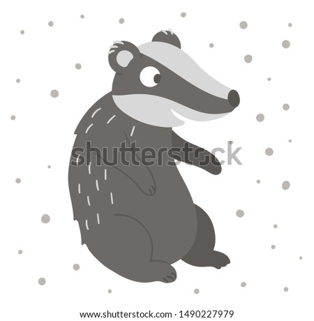 Vector hand drawn flat sitting badger. Funny woodland animal. Cute forest animalistic illustration for children’s design, print, stationery