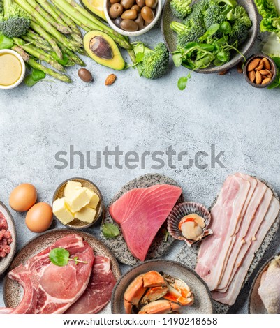 KETOGENIC DIET LOW CARB CONCEPT. Vegetarian and animal protein, carb and fat sources. Healthy food background with copy space Royalty-Free Stock Photo #1490248658