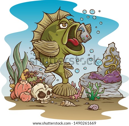 Fish Cartoon calling on mobile phone underwater Royalty-Free Stock Photo #1490261669