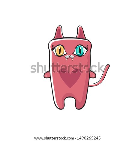 pink cute kitty isolated on white background. Cartoon happy pink cat with big eyes 
