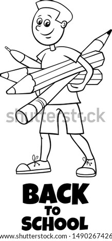 Black and White Cartoon Illustration of Elementary or Teen Age Boy Character with Pencils and Crayons and Back to School Sign Coloring Book