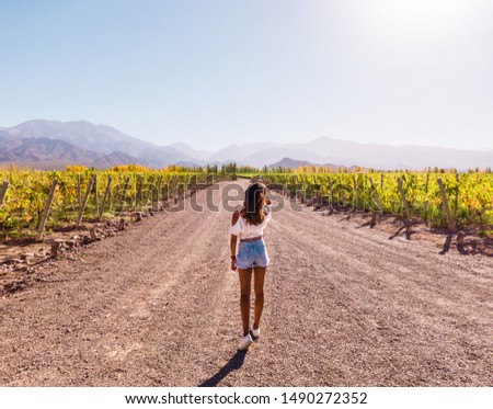 Woman walking down path leading towards nature, view of mountain background, blue clear sky and green vineyards. Perspective, goal, outdoors, nature, travel concepts. DRONE. Mendoza, Argentina