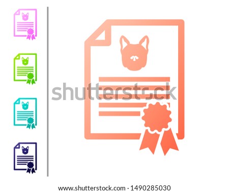 Coral Medical certificate for travel with dog or cat icon isolated on white background. Document for pet. Dog or cat paw print. Set color icons