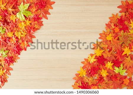 Top view maple leaves autumn leaves on wooden table vintage texture, copy space for text, flatlay