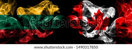 Lithuania, Lithuanian, Canada, Canadian smoky mystical flags placed side by side. Thick colored silky smokes flag concept