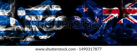 Greece, Greek, New Zealand, Zealander smoky mystical flags placed side by side. Thick colored silky smokes flag concept