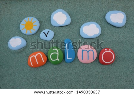 Malmö, Skåne County, the third-largest city in Sweden, creative souvenir composed with multi colored stones over green sand