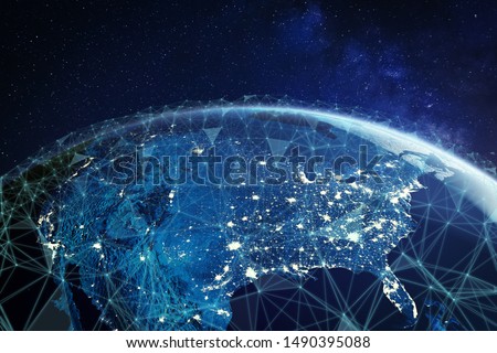 Telecommunication network above North America and United States viewed from space for American 5g LTE mobile web, global WiFi connection, Internet of Things (IoT) technology or blockchain fintech Royalty-Free Stock Photo #1490395088