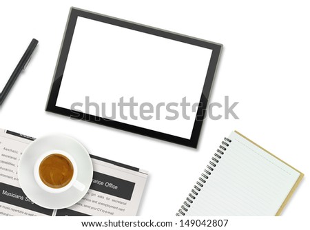 Tablet computer, coffee cup and other office supplies on white background