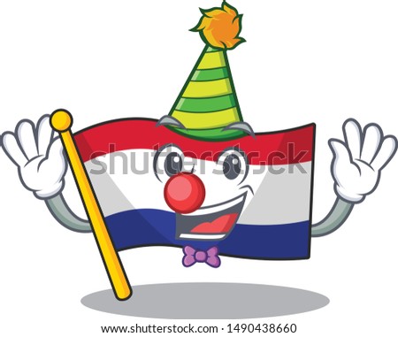 Clown netherlands flag above wooden cartoon table