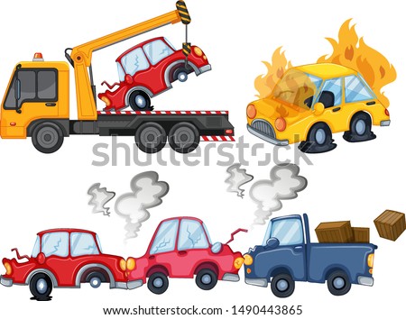 Three isolated car crash scenes illustration
