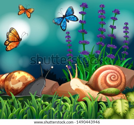 Background scene with snails and butterfly illustration