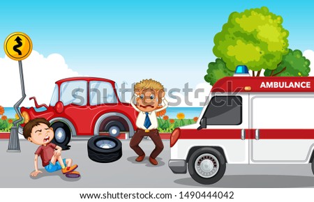 Accident scene with injured boy and ambulance illustration