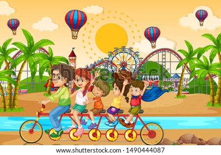 Scene background design with family riding bike in the funpark illustration