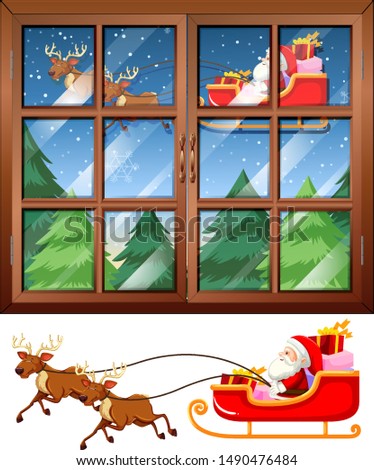 Window scene with Santa flying sleigh at night illustration