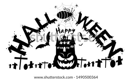 Happy Halloween Text Banner with cobweb,spider,pumpkin,castle,graves,modern design Idea and Concept  illustration Vector.   