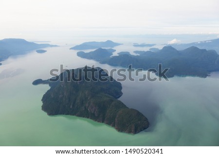 Aerial view of Anvil, Gambier, Bowen and Bowyer Island in Howe Sound. Taken North of Vancouver, British Columbia, Canada.