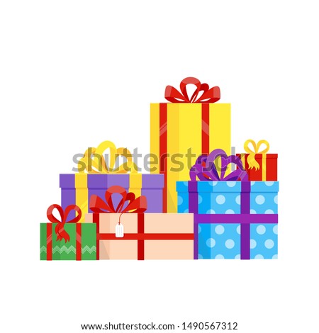 Pile of present gift boxes. A lot of gifts for holidays iflat style design vector illustration isolated on white background