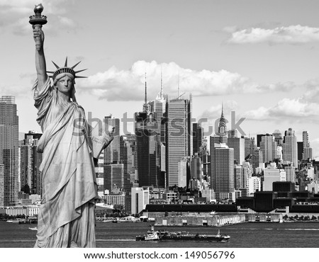 photo black and white statue of liberty ship midtown manhattan skyline and cityscape tourism concept new york city with statue liberty