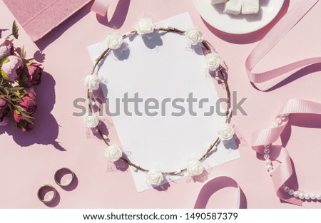 Flat lay pink wedding arrangement close-up