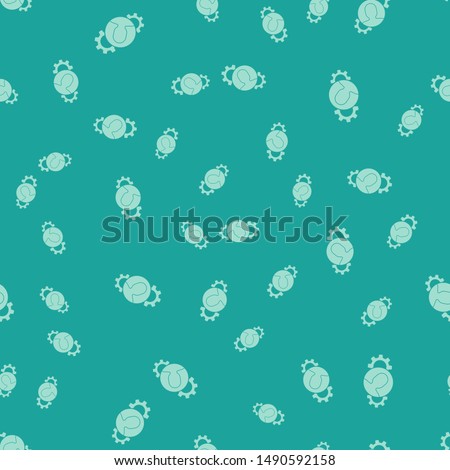 Green Human with gear inside icon isolated seamless pattern on green background. Artificial intelligence. Thinking brain sign. Symbol work of brain.  Vector Illustration