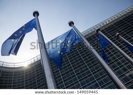 EU Commission building Europe Flags in Brussels
