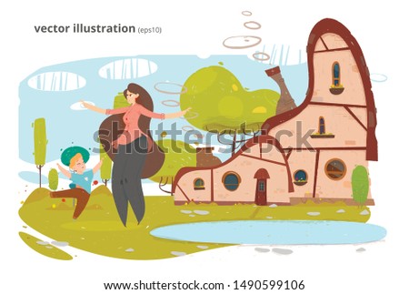 Happy Mother and Son Having Fun, Rest and Playing in Yard. Craft Family. Village Traditional Stone Houses with Garden around and Lake. Trendy Flat Style. Fantasy Scene. Vector Illustration EPS10