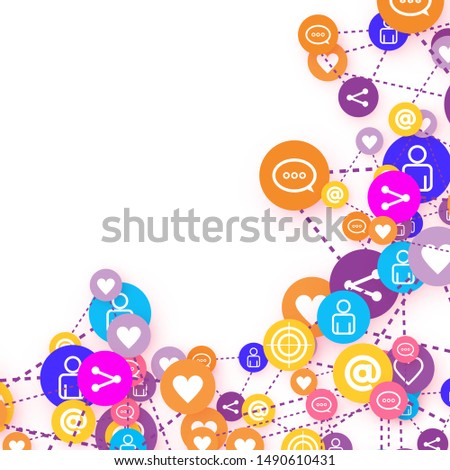 Social media marketing, Communication networking. Random icons services tags linked on white background. Comment, friend, like, share, target, message. Vector Internet concept.