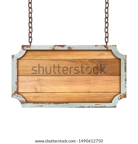 Wooden sign hanging on a chain isolated on white background.