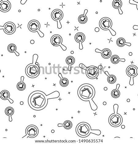 Black line Search house icon isolated seamless pattern on white background. Real estate symbol of a house under magnifying glass.  Vector Illustration