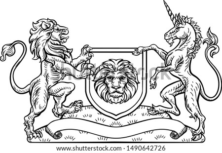 A medieval heraldic coat of arms crest emblem featuring lion and unicorn supporters flanking a shield.