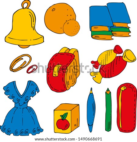 Color school set. A bell and an apron, a backpack and books, a pencil case, a pen and a pencil. Oranges, juice and sweets.