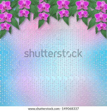 Greeting card with beautiful branch orchid and pearls for a wedding or birthday