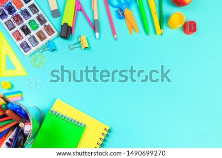 School stationery on color background. Back to school creative  Image 