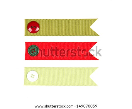 Christmas ribbon tags with buttons on isolated white background