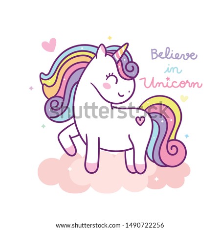 Cute Unicorn vector pony cartoon (kawaii animal): Fabulous fashion, fairytale horse party invite- sticker graphic Magic for invitation post, t-shirt, nursery decoration. hand drawn on white background