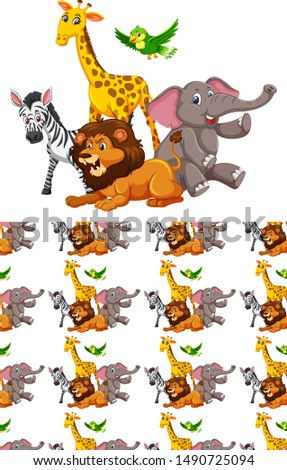 Group of wild african animals and seamless pattern illustration