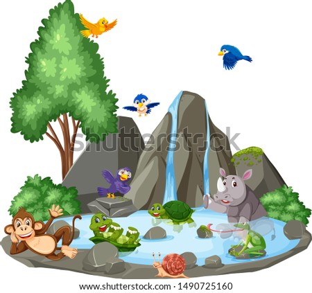 Background scene of many animals and waterfall illustration
