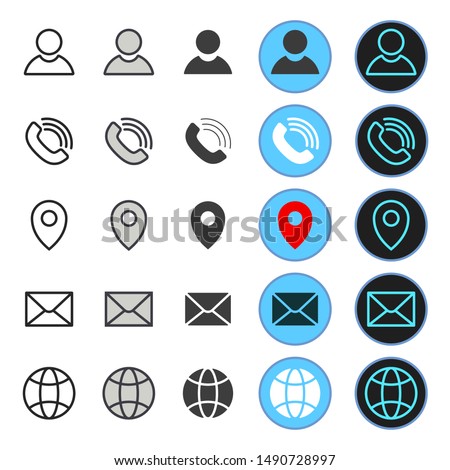 Social media internet icon set. Smartphone interface icons. Human, phone ring, location point, sms notification and internet browser victor sign. Linear and Flat style. Black and White logo.